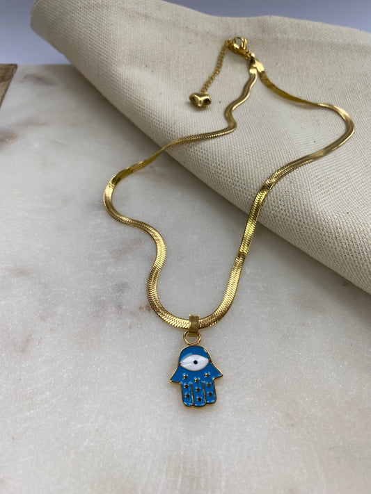 Hamsa Hand Necklace with Blue Evil Eye Stone, Herringbone Chain, Gift for mom, wife, Girlfriend, Valentine's day Gift