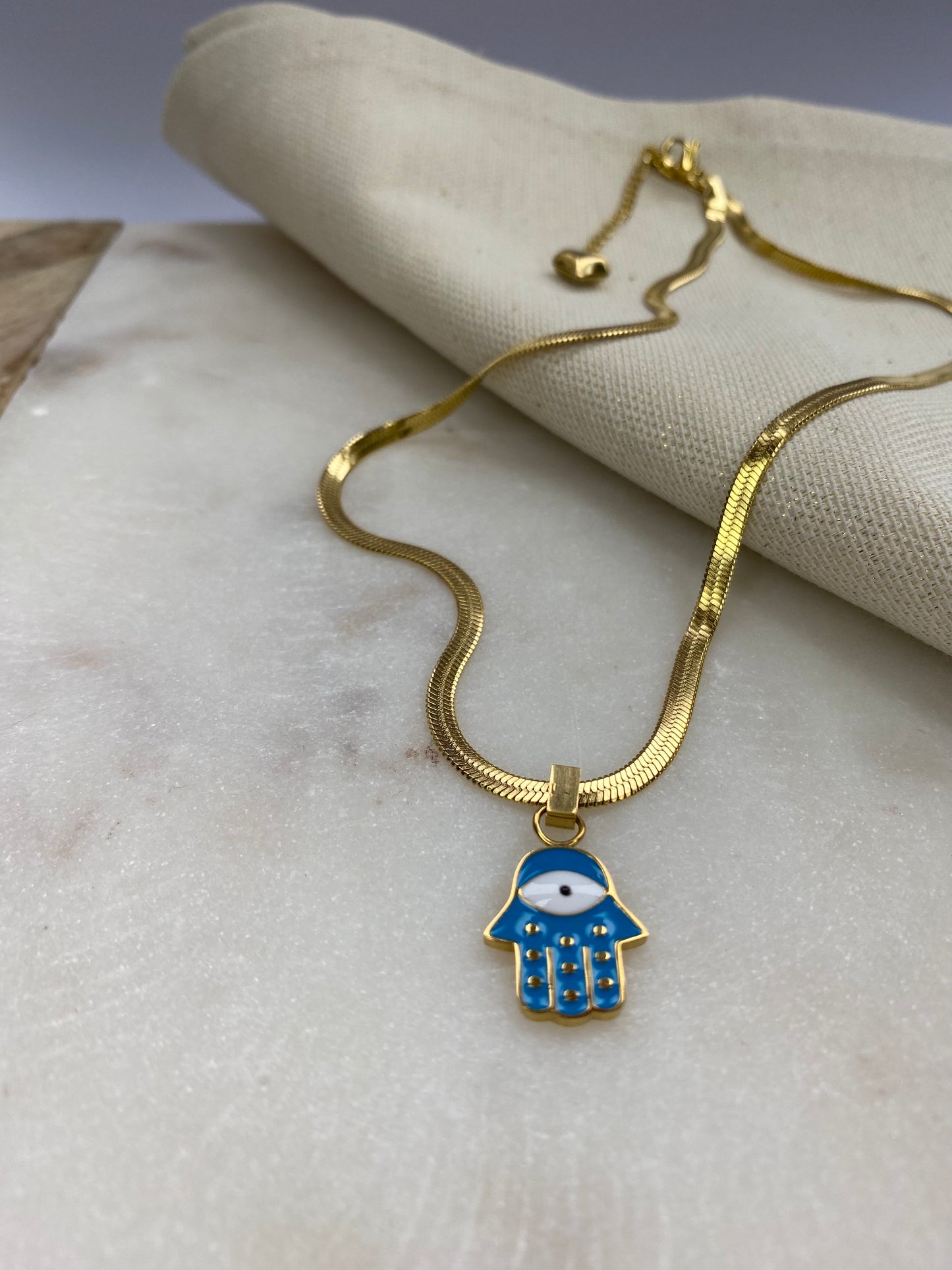 Hamsa Hand Necklace with Blue Evil Eye Stone, Herringbone Chain, Gift for mom, wife, Girlfriend, Valentine's day Gift