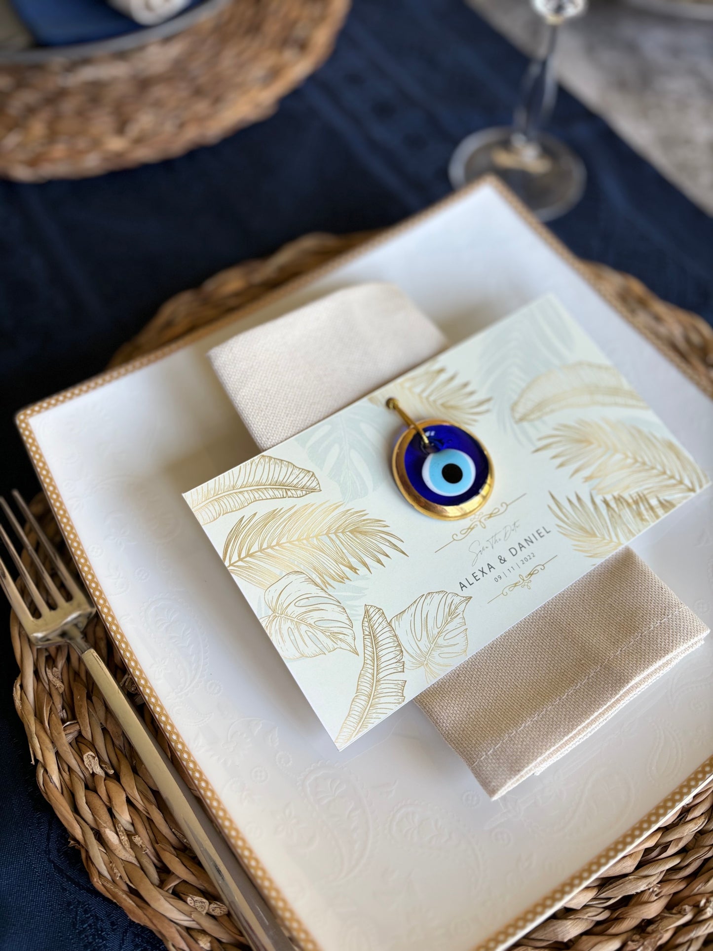 Soft Card, wedding favor with personalized gold evil eyes, 20pcs, 4,5 cm, Glass beads,