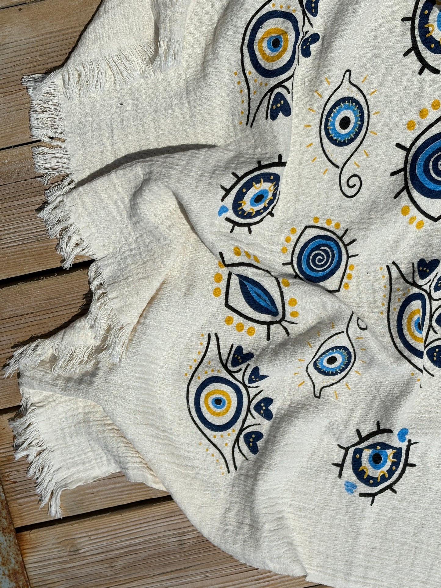 Muslin Beach Towel, Patterned Decoration Towel, Eye patterned towel, Bachelorette Gift Towel, Bridesmaid Gift, Organic Cotton, 100% Cotton